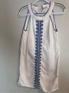 Sigrid Olsen 100% Linen Embroidered Shift Dress White Blue Sleeveless Size Small